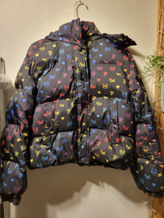 PINK Victoria's Secret Jackets & Blazers - PINK Victoria's Secret Black Puffer Jacket with Multicolor Logo Hearts (RARE)